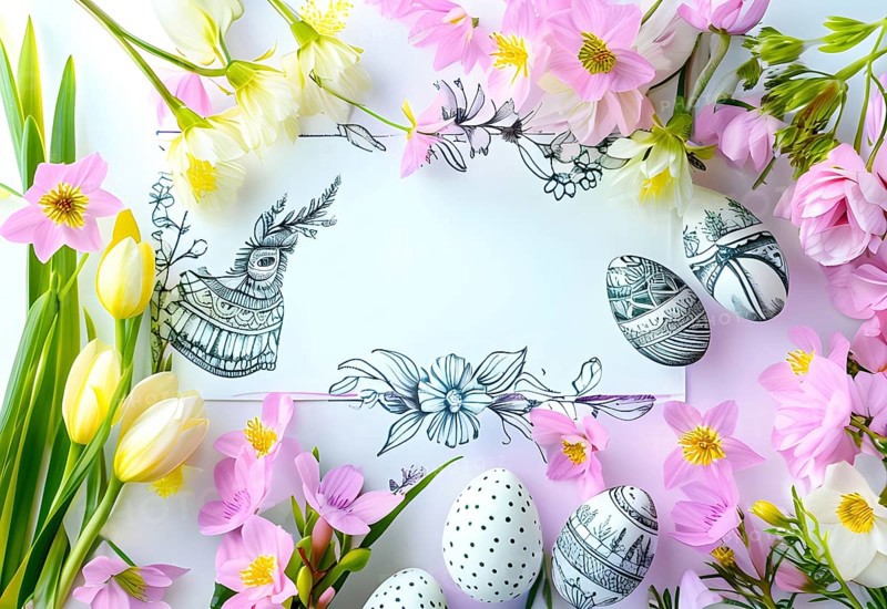 Easter card with delicate hand-drawn illustrations, placed among fresh flowers and decorated eggs, empty space for text, AI generated