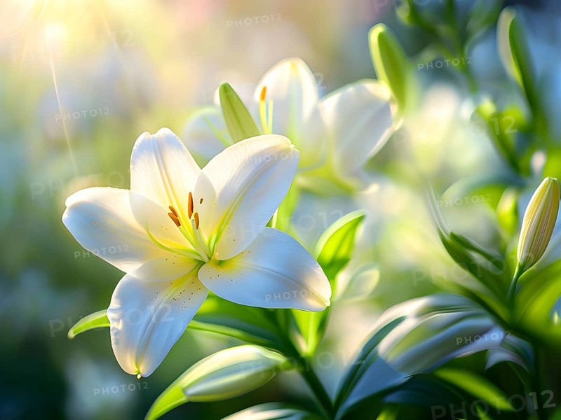 Blooming Easter lilies with soft white petals and a yellow center, bathed in gentle sunlight, AI generated