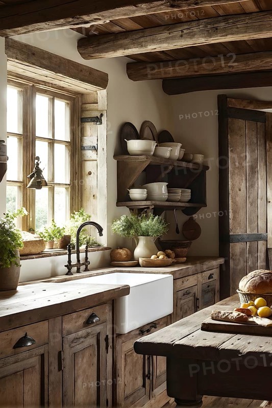 Rustic kitchen interior with exposed wooden beams, a farmhouse sink, and a table set with freshly baked bread, a bowl of fruits, AI generated