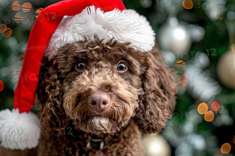 Cute Labradoodle dog with red santa hat in front of christmas tree. Generative Ai, AI generated