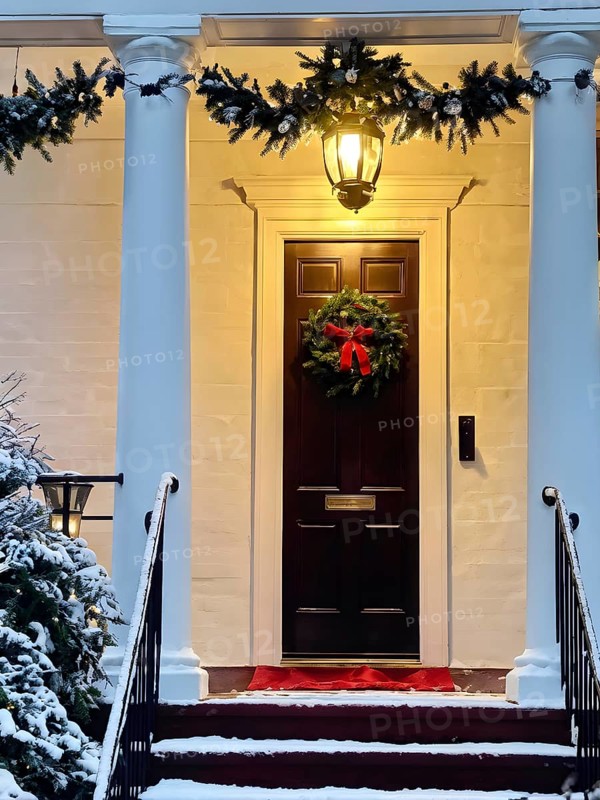 Festive front porch with holiday garlands wrapped around the columns, a wreath hanging on the door, and snow-covered steps leading up to the warmly lit entrance, AI generated