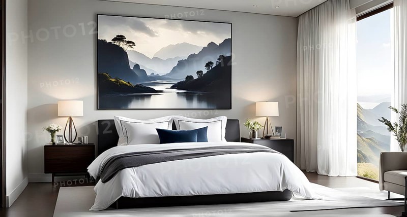 Empty modern bedroom with a large, plush bed covered in white linens, a single framed artwork on the wall, and natural light filtering through sheer curtains, AI generated