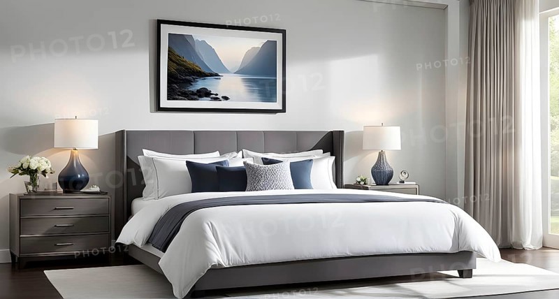 Empty modern bedroom with a large, plush bed covered in white linens, a single framed artwork on the wall, and natural light filtering through sheer curtains, AI generated
