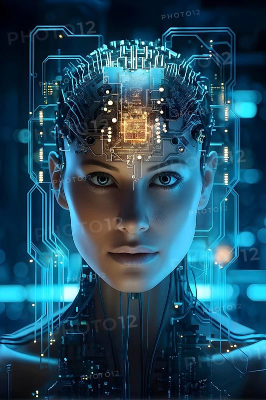 Illustration of a human brain merging with a woman's head intertwined with microchips and a processor, AI generated