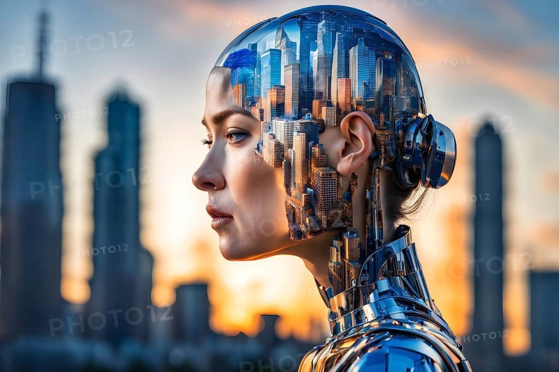 Digital representation of a multiple exposure photograph featuring a cyber human and an urban architecture, AI generated