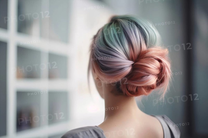 Back view of woman with pastel hair in elegant updo. KI generiert, generiert AI generated