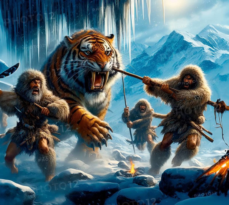 Prehistory, prehistory, ice age, an extinct sabre-toothed cat, sabre-toothed tiger is also attacked by ice age hunters, AI generated, AI generated