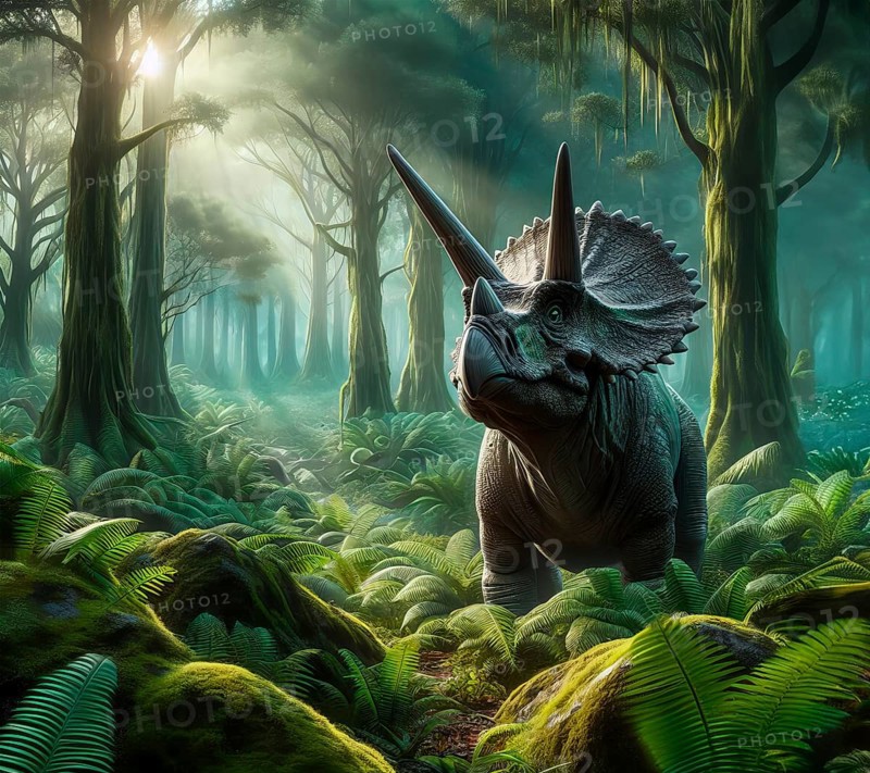 Dinosaur, Triceratops, a Cretaceous dinosaur in a prehistoric forest in present-day North America, AI generated, AI generated