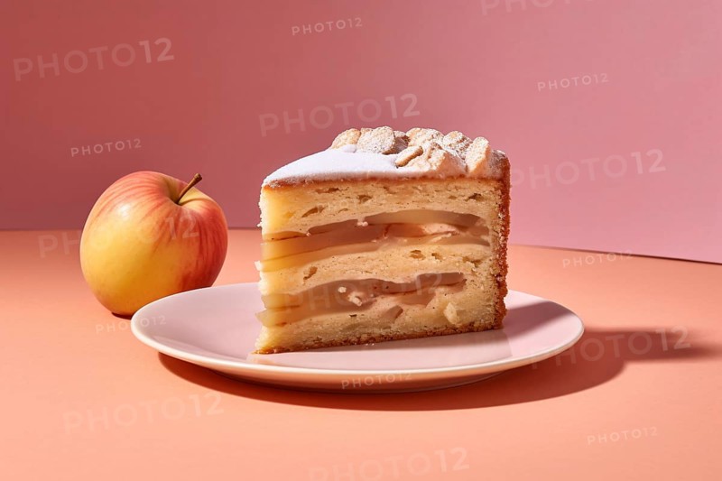 Slice of layered apple pie on plate. KI generiert, generiert AI generated