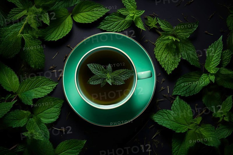 Top view of cup of mint tea. KI generiert, generiert AI generated