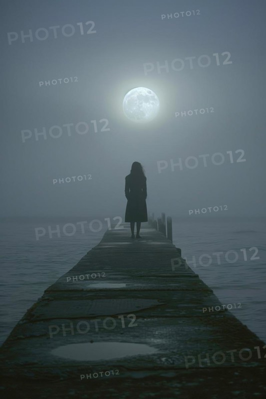 Silhouette of a lonely, sad woman on a concrete footbridge on a foggy full moon night, symbolic image for, suicidal thoughts, suicide, AI generated, AI generated, AI generated