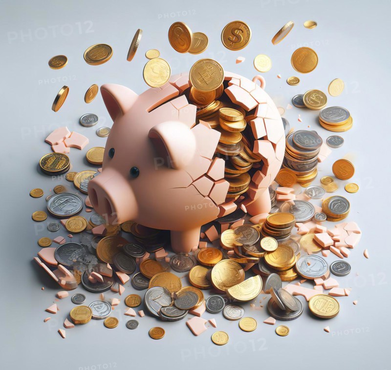 A piggy bank breaks and scatters coins. Symbol photo saving, saver, money, finance, monetary policy, saving, AI generated, AI generated