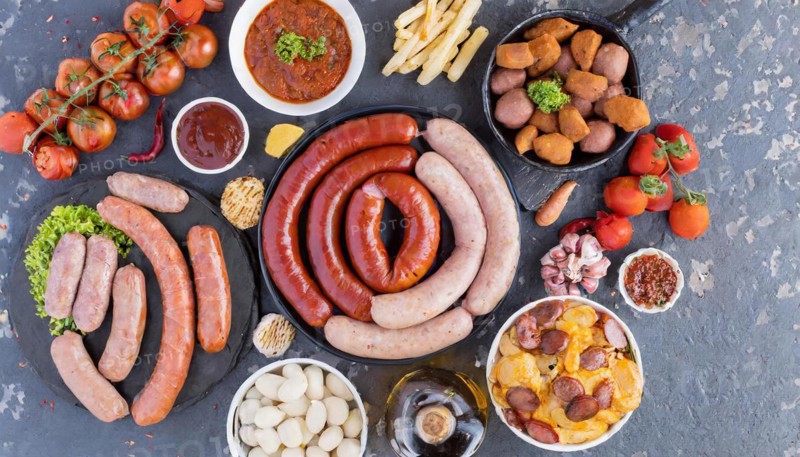 Food, dishes, different types of sausage on a table, AI generated, AI generated