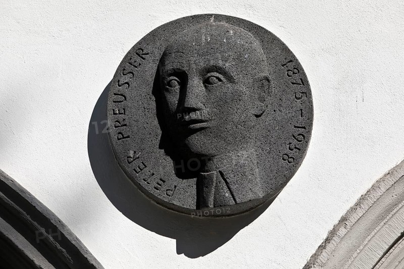 Relief by Peter Preusser, a well-known dialect poet and carnivalist, on the town hall wall, Koblenz, Rhineland-Palatinate, Germany, Europe