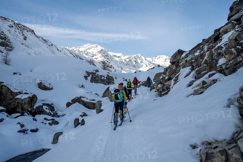 Ski tourers in Val Martello, snow-covered mountain landscape, Monte Cevedale mountain peak in the background, Ortler Alps, Vinschgau, Italy, Europe