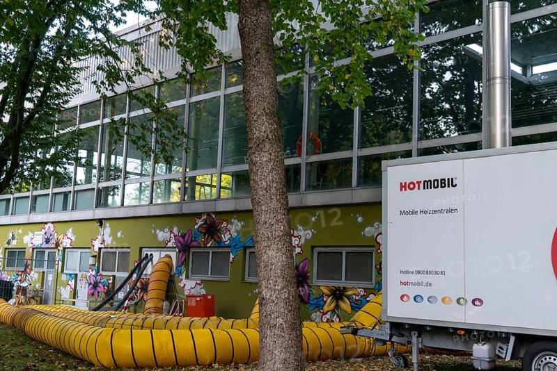 Water damage restoration, dehumidification, after flooding of a building, vacuum drying, indoor swimming pool in Essen-Werden, heavily flooded by the Ruhr flood in July 2021, drying system, mobile heating