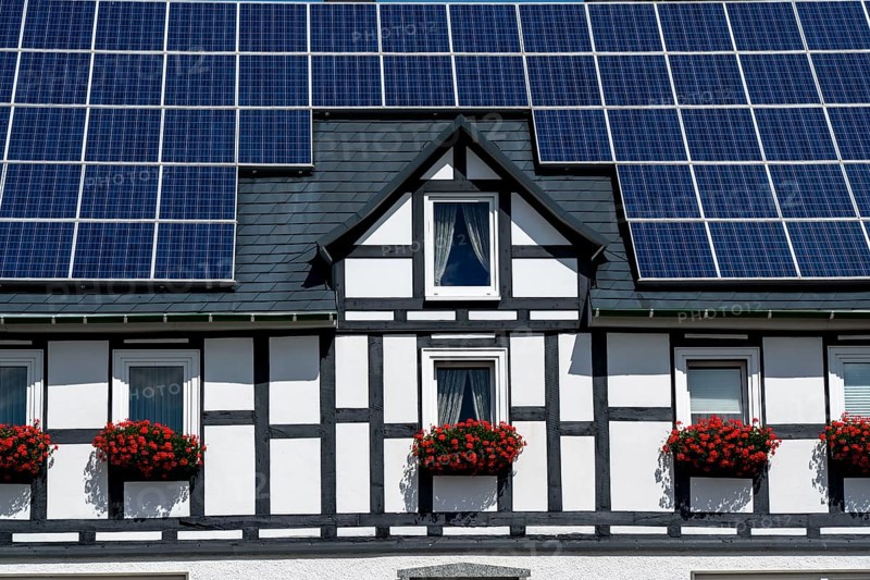 Half-timbered house with a solar roof, solar modules on the pitched roof, near Bad Berleburg, North Rhine-Westphalia, Germany, Europe