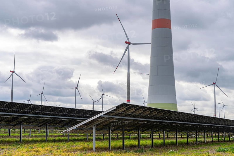 Wind farm and large-scale photovoltaic system, north-east of Bad Wünnenberg, near the village of Elisenhof, on the A44 motorway, North Rhine-Westphalia, Germany, Europe