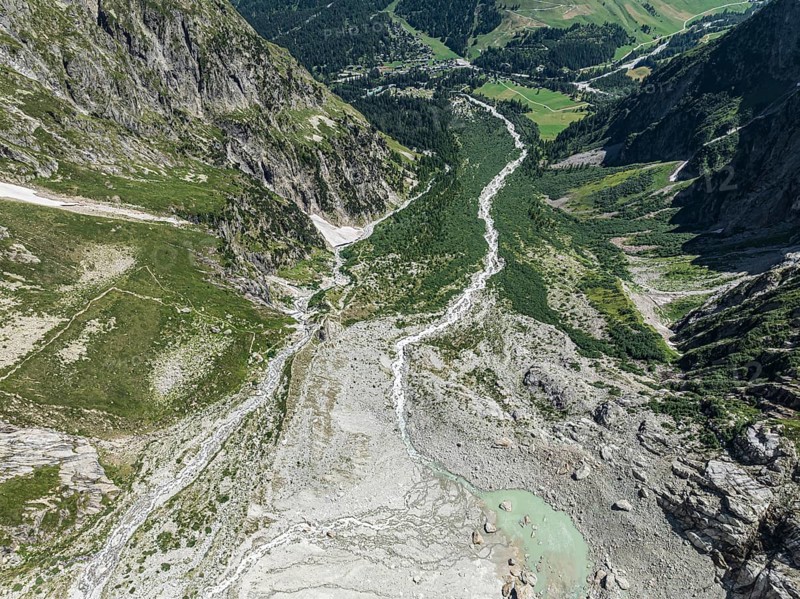 Aerial view, hiking path from La Fouly to Cabane de Neuve along a glacial streams, Valley Val Ferret, Valais, Wallis, Switzerland, Europe
