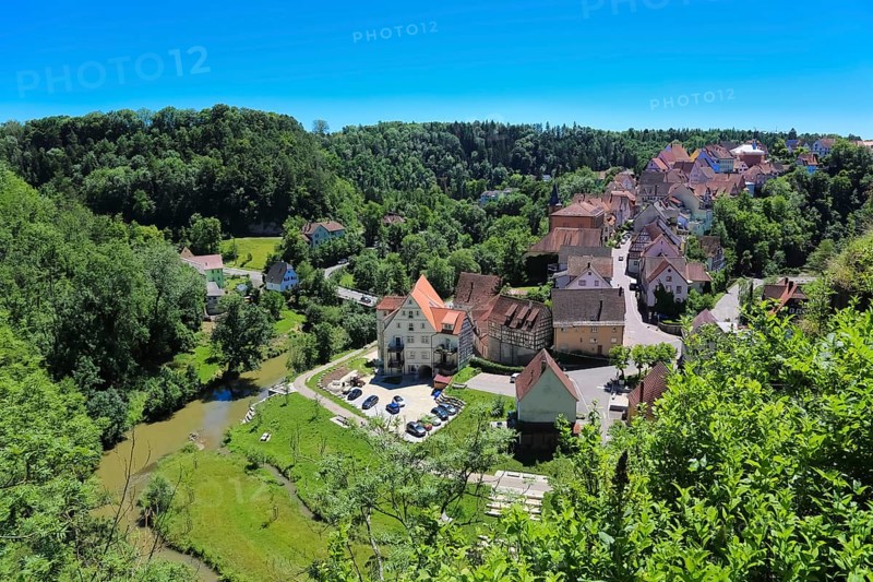 View of Haigerloch, lower town, Eyach valley, houses, roofs, rocky town, baroque gem, Haigerloch, Zollernalbkreis, Baden-Württemberg, Germany, Europe