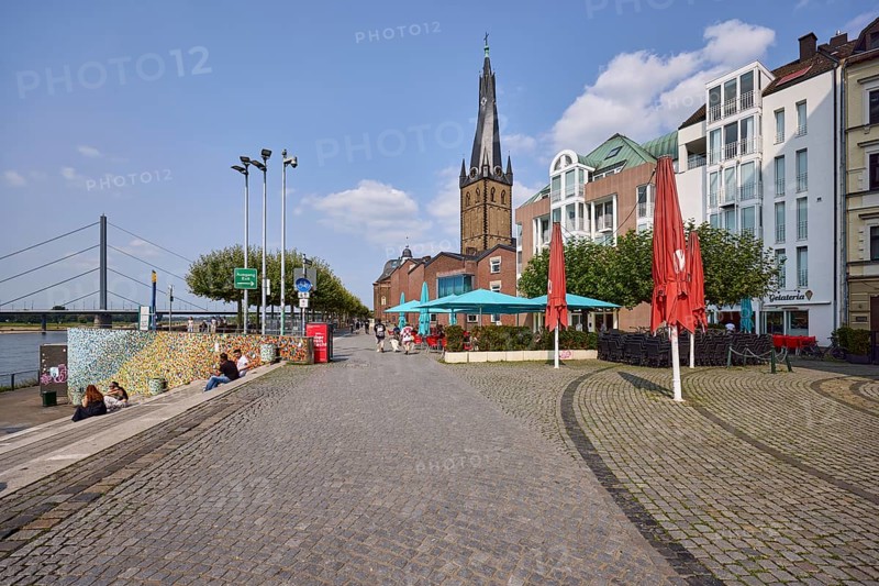 St. Lambert's Basilica with catering and Rhine knee bridge in the old town of Düsseldorf, state capital, independent city, North Rhine-Westphalia, Germany, Europe