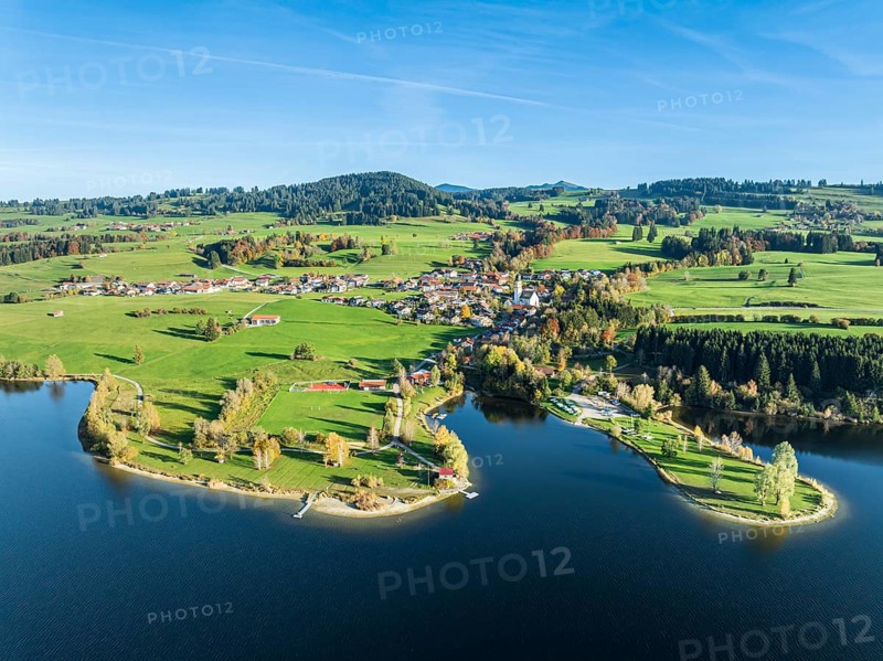 Sports facility and bathing area, lake Rottachsee, village Petersthal, autumn, aerial view, Allgaeu, Bavaria, Germany, Europe
