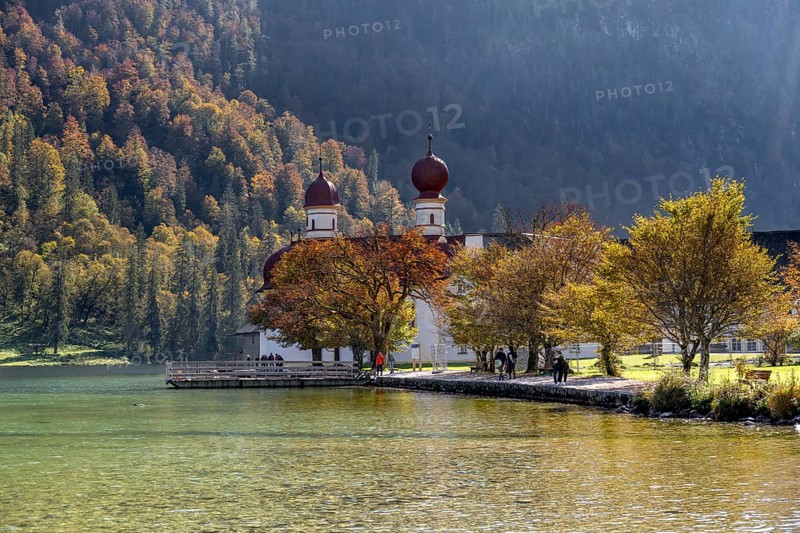 Pilgrimage church St. Bartholomä in autumn at Königssee, autumnal mountain landscape at the lake, Berchtesgaden National Park, Berchtesgadener Land, Upper Bavaria, Bavaria, Germany, Europe