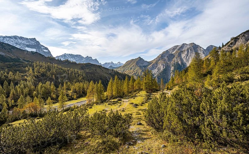Mountain panorama with steep rocky peaks, yellow-coloured larches in autumn, hike to the summit of the Hahnkampl, Engtal, Karwendel, Tyrol, Austria, Europe
