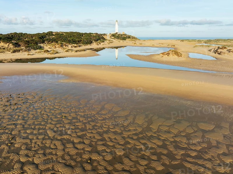 Cape Trafalgar at the Atlantic Ocean at low tide. Aerial view. Drone shot. Costa de la Luz, Cádiz province, Andalusia, Spain, Europe
