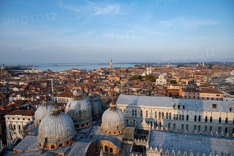 View over the roofs of Venice with St Mark's Basilica and Doge's Palace in the evening light, view from the Campanile di San Marco bell tower, city view of Venice, Veneto, Italy, Europe