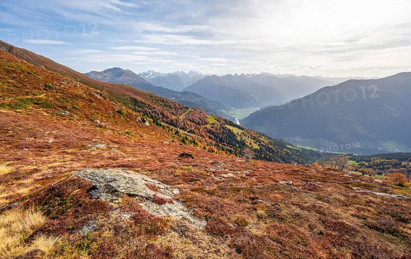 View of the mountain panorama and the Upper Inn Valley in the morning light, Krahberg on the Venet in autumn, Ötztal Alps, Tyrol, Austria, Europe