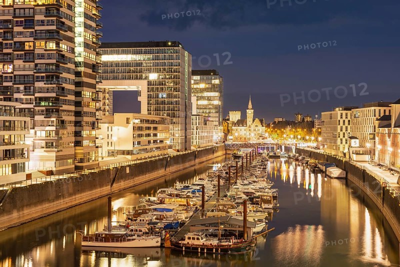 Crane houses, marina and former harbour office, Rheinauhafen, Cologne, North Rhine-Westphalia, Germany, Europe