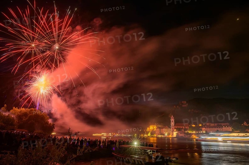 Solstice fireworks with a view of Dürnstein, Rossatz-Arnsdorf, Lower Austria, Austria, Europe