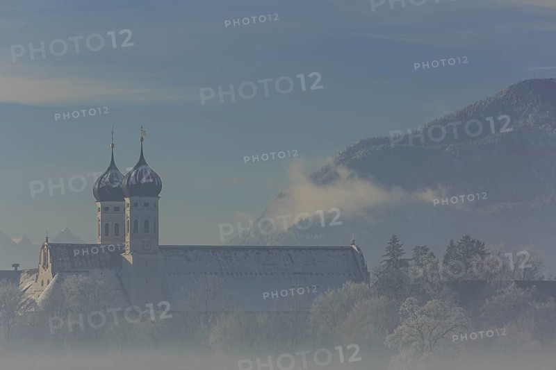 Monastery in the morning light, fog, hoarfrost, winter, Benediktbeuern Monastery, Alpine foothills, Upper Bavaria, Bavaria, Germany, Europe
