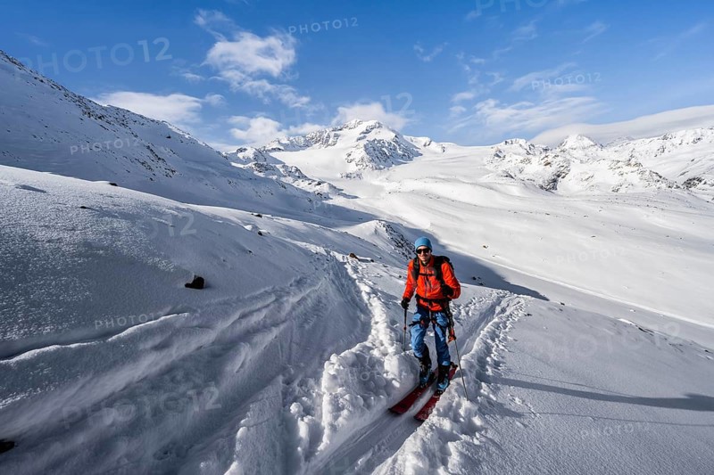 Ski tourers in a snow-covered mountain landscape, mountain peak Monte Cevedale and glacier Zufallferner, ascent to the summit Köllkuppe or Cima Marmota, Ortler Alps, Vinschgau Valley, Italy, Europe
