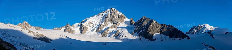 Panorama, High alpine mountain landscape, Summit of the Aiguille de Chardonnet and Glacier du Tour, Glacier and mountain peaks, Chamonix, Haute-Savoie, France, Europe