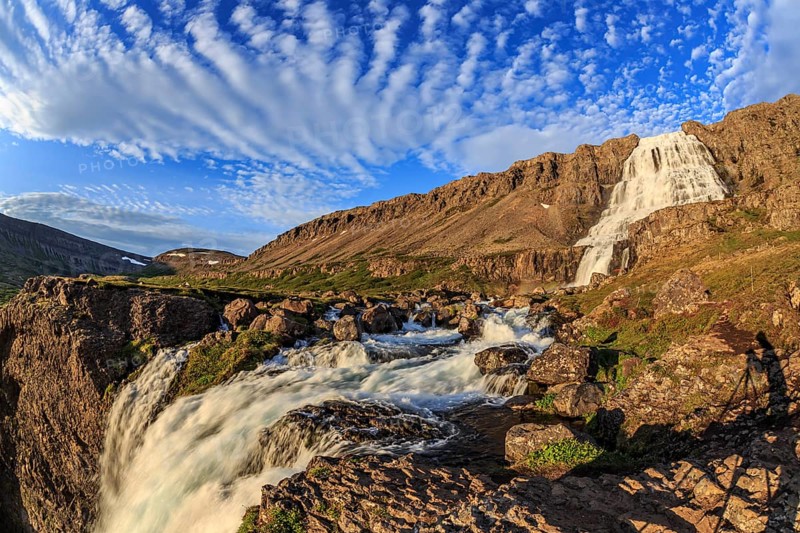 Waterfall, midnight sun, cloudy mood, mountains, fisheye perspective, Dynjandi, Westfjords, Iceland, Europe