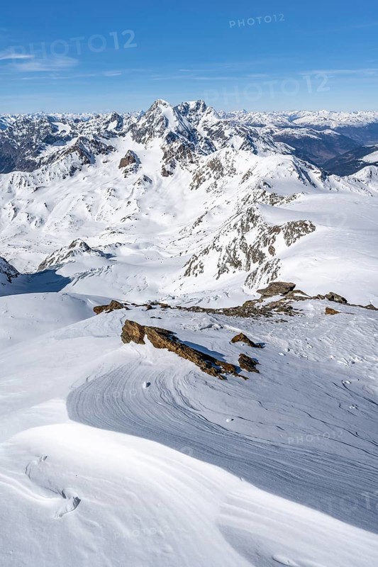 View from the summit of Monte Cevedale, mountain panorama with summit Königsspitze and Ortler, snow-covered mountain landscape in winter, Ortler Alps, Vinschgau Valley, Italy, Europe
