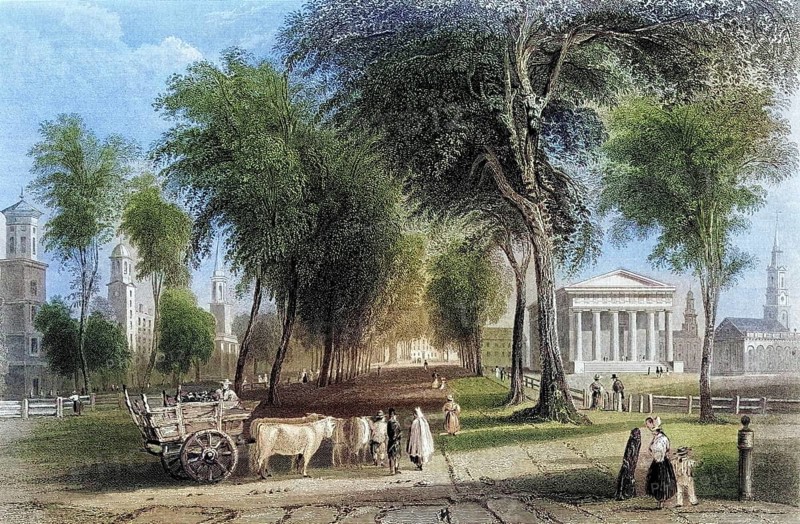 Yale College Newhaven Connecticut USA, After a nineteenth century engraving by J Sands after W. H. Bartlett, Historic, digitally restored reproduction from a nineteenth century original, Record date not stated
