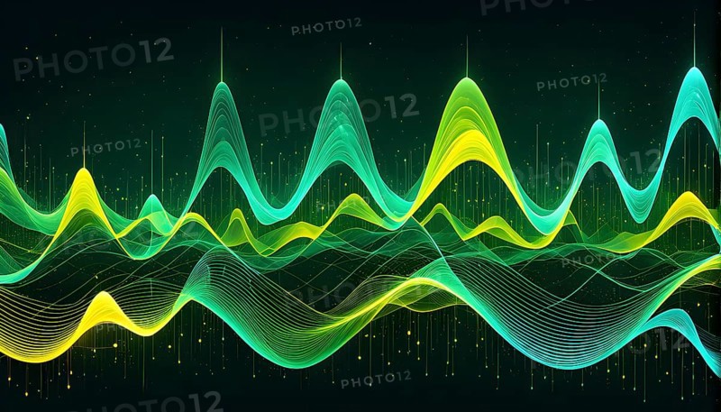 Abstract illustration of digital wave forms and circuits converging to form abstract symbols of various sports, then dispersing into flowing particles, AI generated