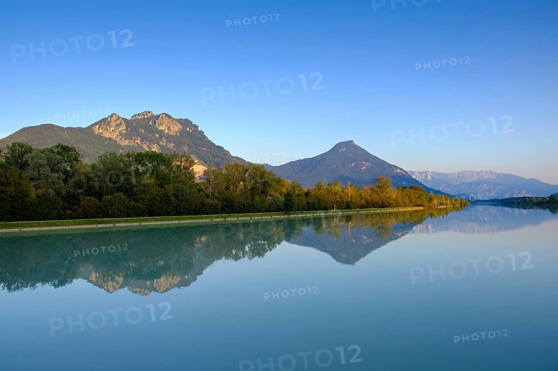 Inn at sunset, with mountains, Brannenburg, Inntal, Upper Bavaria, Bavaria, Germany, Europe