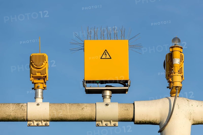 Bird defence, pigeon defence, spikes on a runway lighting system, Stuttgart Airport, Baden-Württemberg, Germany, Europe
