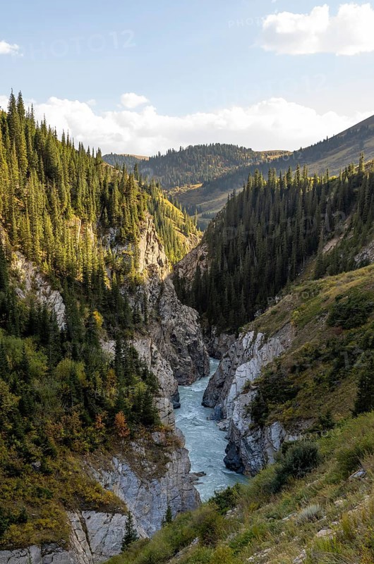 Mountain landscape with river in a narrow mountain valley in autumn, Little Naryn or Kichi-Naryn, Eki-Naryn Gorge, Naryn Province, Kyrgyzstan, Asia