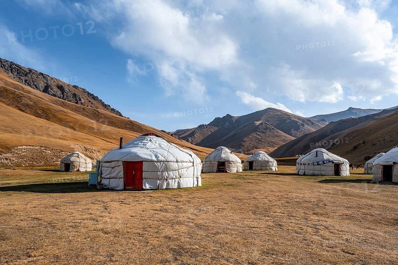 Yurts with yellow hills, Atbashy district in the Naryn region, Kyrgyzstan, Asia