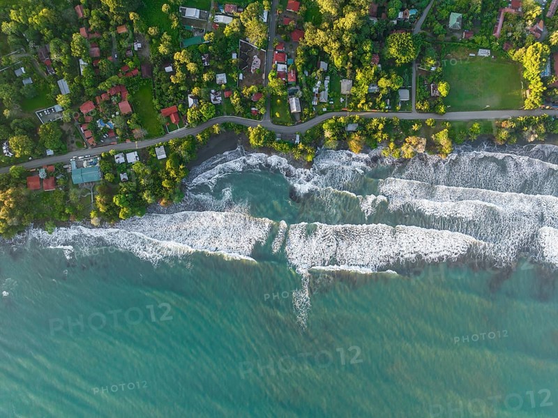 Top-down, aerial view, view of settlement and houses on the coast, Cahuita, Limón, Costa Rica, Central America