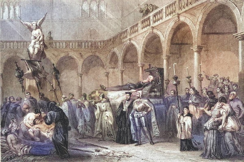 Funeral of Titian, 1576. Italian painter 148890 -1576. 19th century print engraved by Doherty from a drawing by Rouargue., Historic, digitally restored reproduction from a 19th century original, Record date not stated