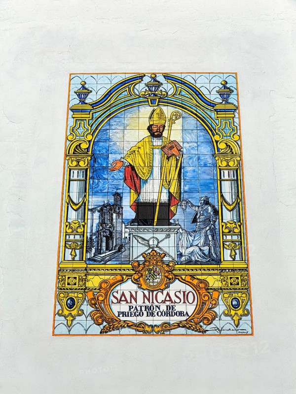 Mural made of colourful tiles, Saint Nicasio, patron saint, Priego de Córdoba, Priego de Cordoba, Cordoba, Andalusia, Spain, Europe