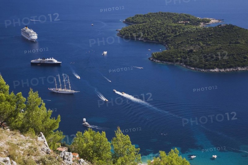 High angle view of cruise ships and sailboats on the Adriatic sea taken from Mount Srd, Dubrovnik, Dalmatia region, Croatia, Europe