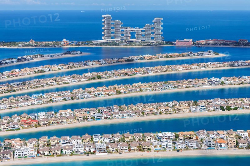 The Palm Jumeirah with Atlantis The Royal Hotel artificial island from above in Dubai, United Arab Emirates, Asia