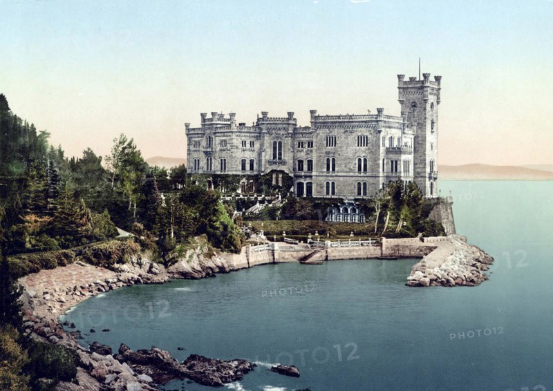Miramare Castle, Castello di Miramare, on a rocky cliff in the bay of Grignano on the Adriatic Sea about five kilometres northwest of the Italian port city of Trieste, Italy, around 1890, Historical, digitally restored reproduction from a 19th century original, Europe